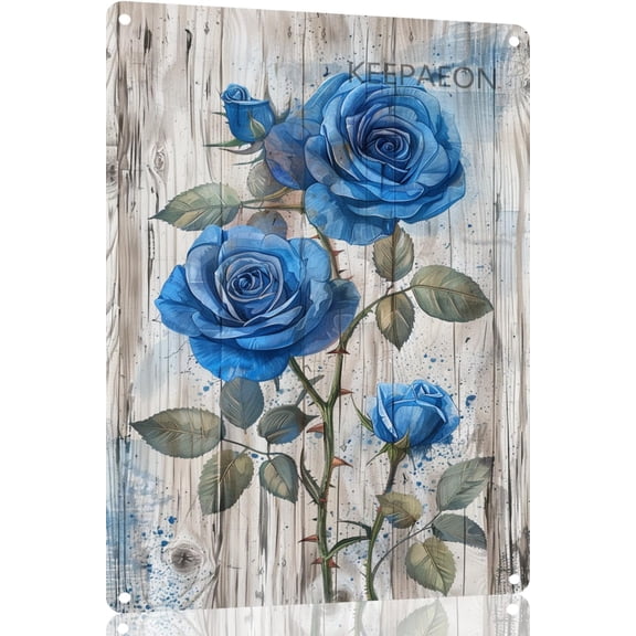 Blue Rose Wildflower Metal Tin Sign, Vintage Floral Wall Art Decor, 12 x 8 Inch Rusted Wild Flowers Metal Wall Hanging
