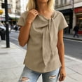 thumbnail image 2 of CYMMPU Women's Summer Solid Color Bow V Neck Faux Linen Top, Loose Casual Short Sleeve Lightweight Blouse Tee Khaki XXL, 2 of 7