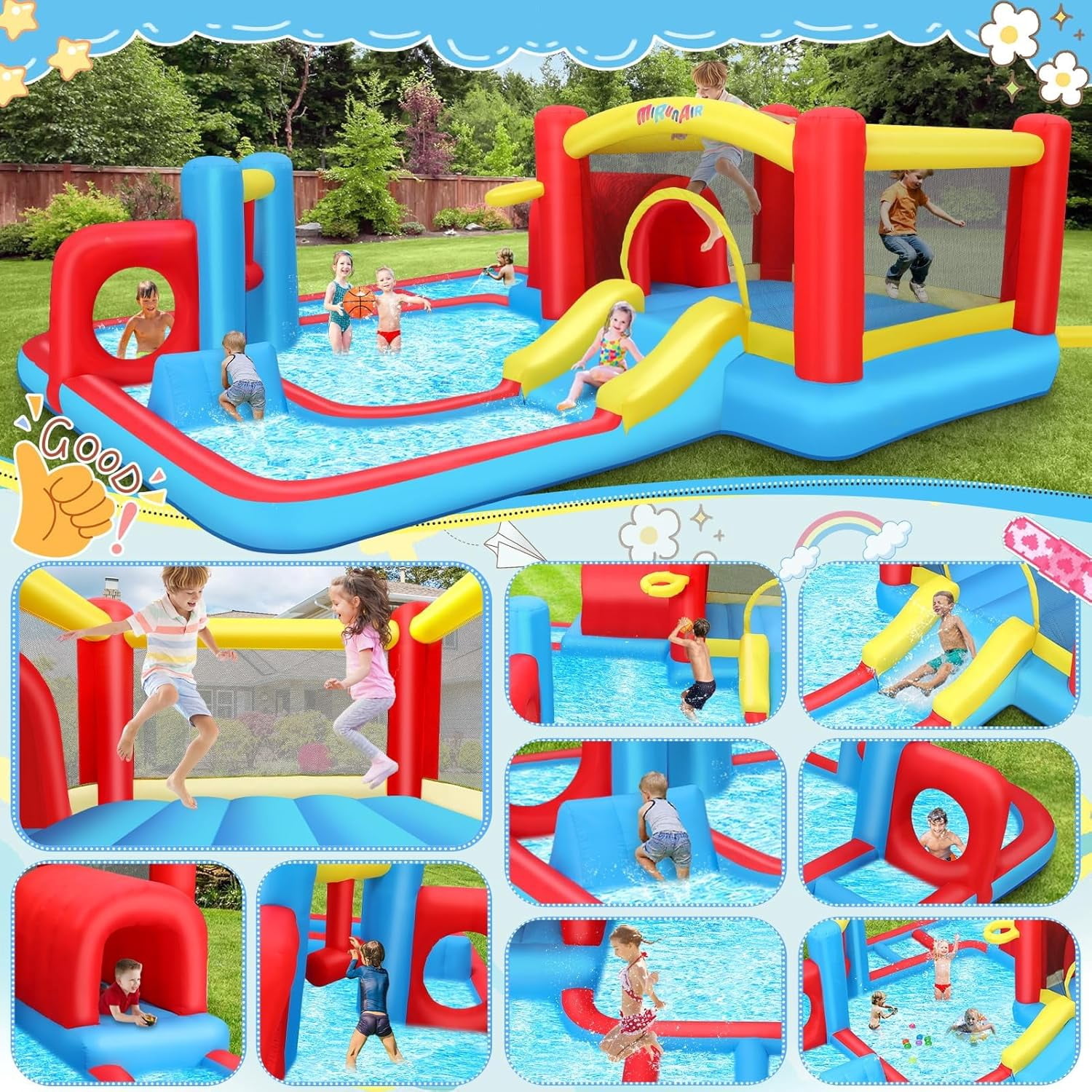 Inflatable Water Slide, Kids Bounce House Castle Splash Pool for 3-8, Backyard Bouncy Castle with 520W Blower,Basketball Hoop,Jumping Area, Obstacle and Tunnel