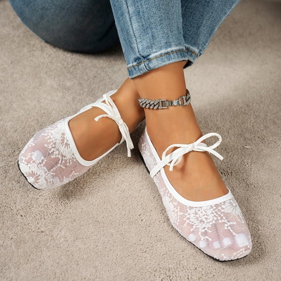 Lace Mary Jane Flats for Women, Breathable Mesh Ballet Flats with Cushioned Insole, Pointed Toe Casual Flat Shoes with Strap for Wedding Garden Party Office