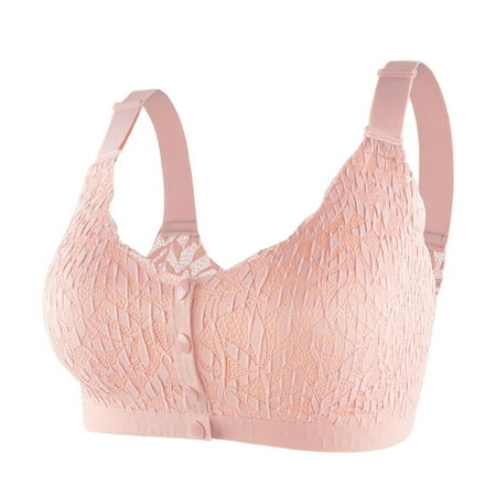 REORIAFEE No Wire Bras for Women Front Closure Gathered Together Wireless Bras Striped Adjustable Straps Brassiere Comfy Wide Strap Breathable Corset Underwear Comfortable Lingerie Pink XXL