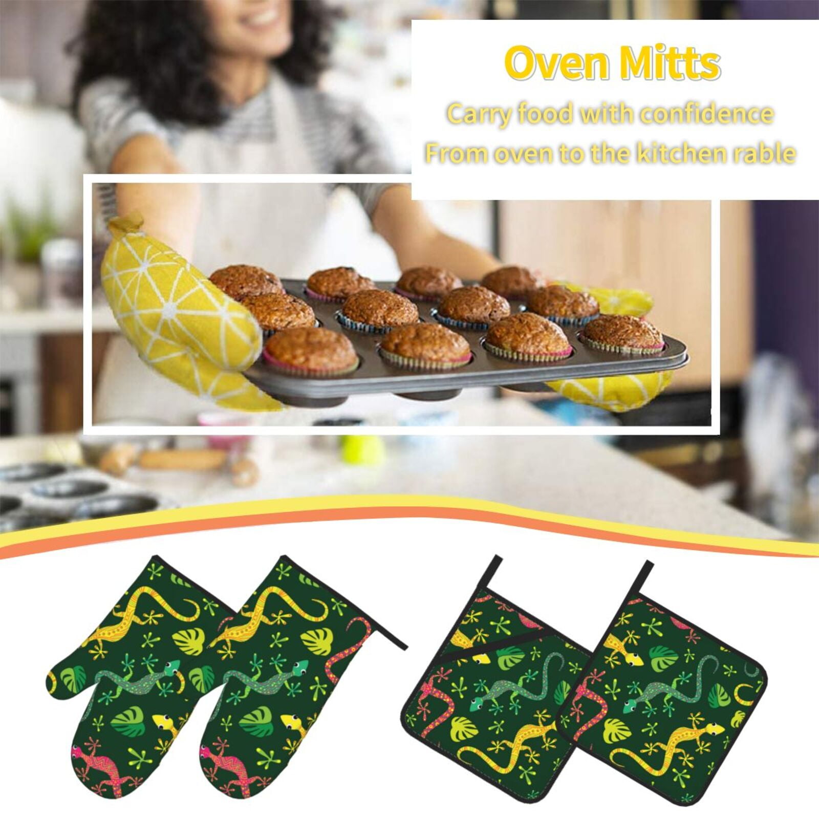 Colorful Lizard Gecko Native 4Pcs Oven Mitts and Pot Holders Sets Oven Kitchen Gloves Hot Pads for Cooking BBQ Baking Grilling