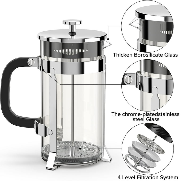 QUQIYSO Coffee Maker 304 Stainless Steel French Press with 4 Filter, Heat  Resistant Durable, Easy to Clean, Borosilicate Glass Coffee Press, 100% BPA
