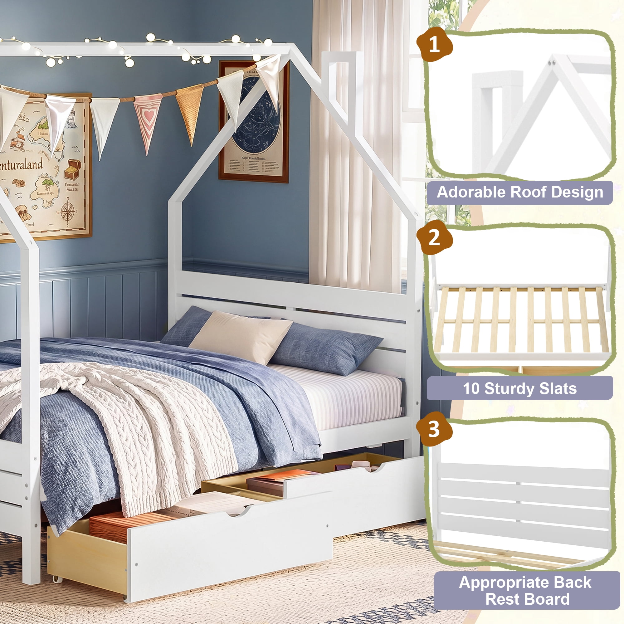 Mintazer Full Kids House Canopy Platform Bed with 2 Storage Drawers, Montessori Bed with Headboard for Bedroom, White