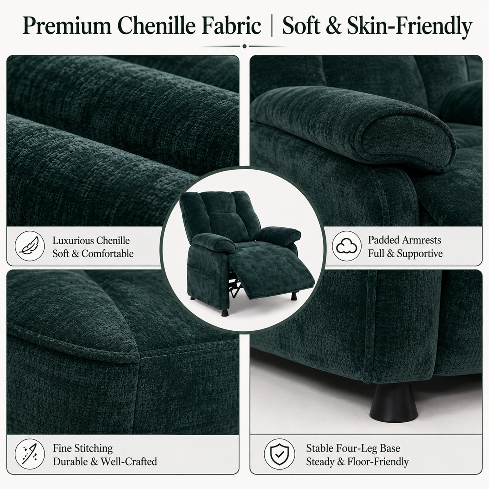 Leumius Recliner Chair, Ergonomic Tufted Cushion Single Recliner with Chenille Fabric, Side Storage Pocket, Anti-Slip Wooden Legs, 300lbs Capacity for Living Room Bedroom Gaming Lounge,Blackish Green
