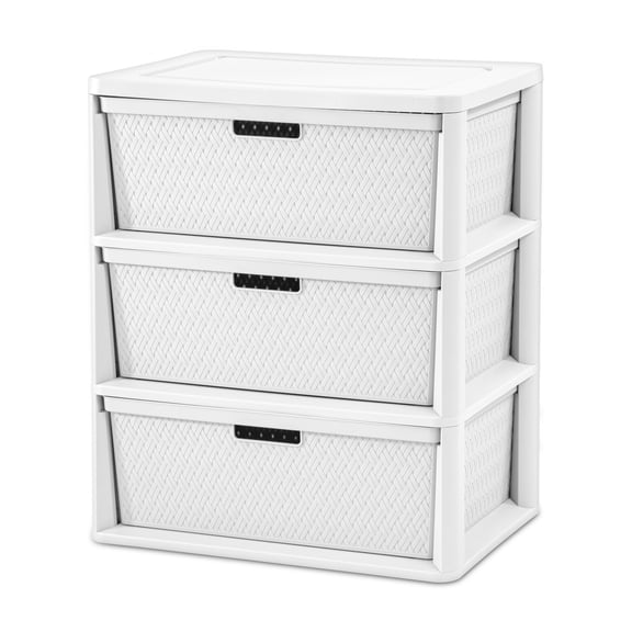 Sterilite Wide 3 Drawer Tower, Plastic Storage Organizer with Removable Decorative Bins, Easy to Assemble - No Tools Needed, White