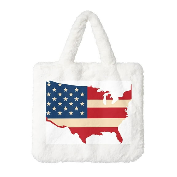 Rocae American Flag Map or Plush Underarm Bag White Furry Purse Handbag for Autumn and Winter