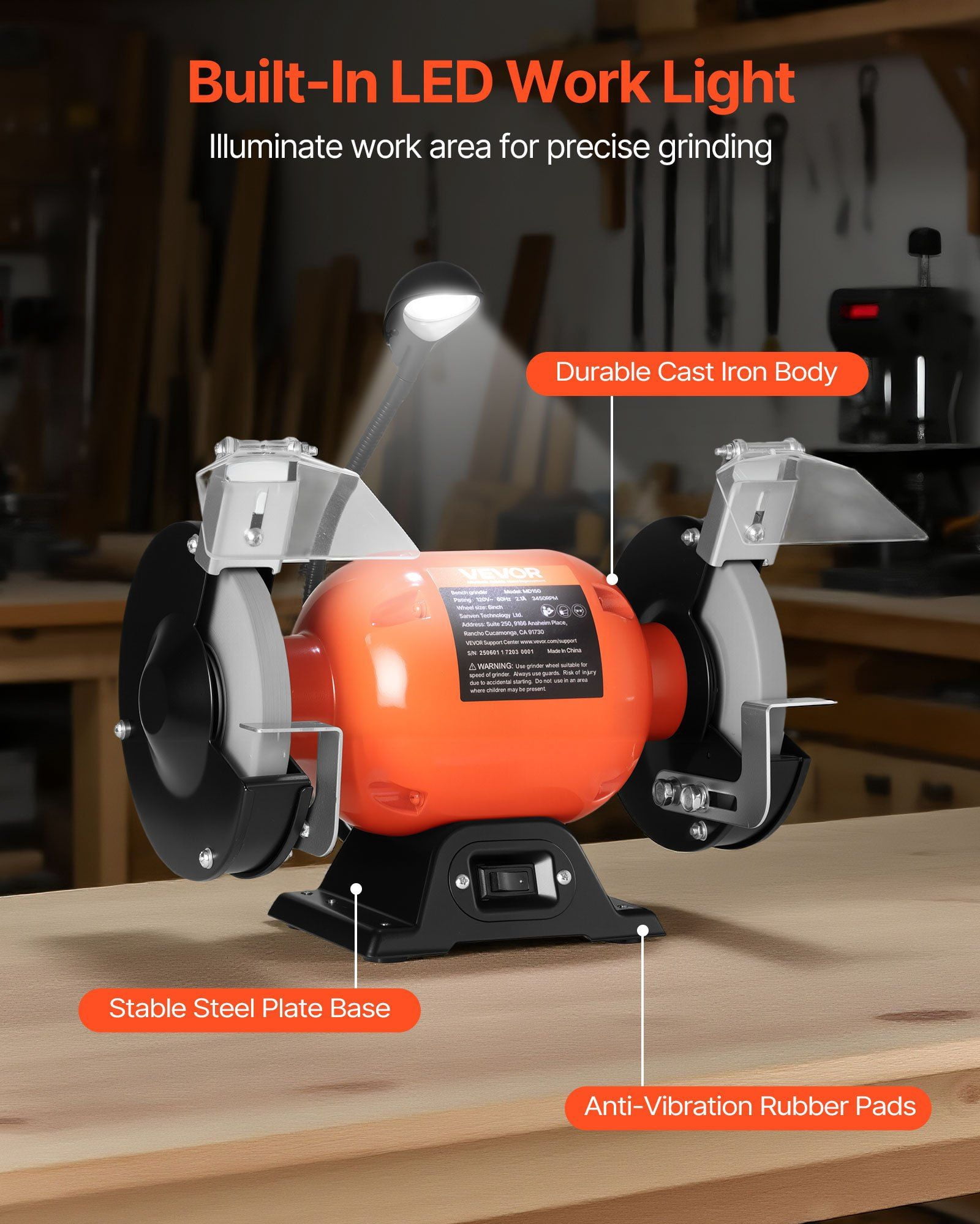 6 Inch Benchtop Grinder 3450 RPM 250W Induction Motor with 36 60 Mesh Grinding Wheel and LED Work Light