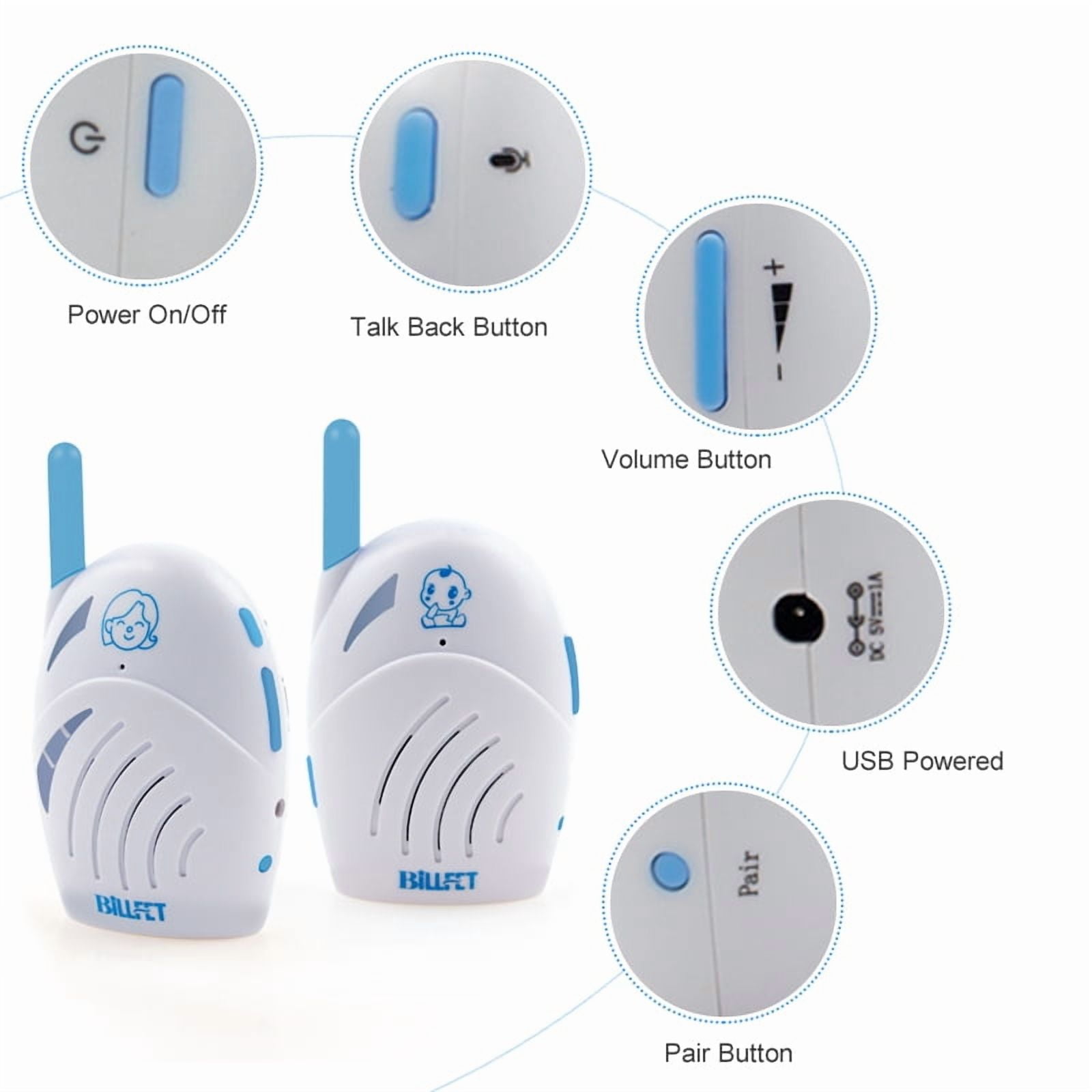 Upgraded audio baby monitor with USB charging cable for use with power banks, long range and crystal clear sound