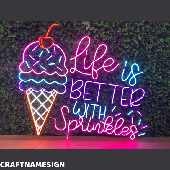 Craftnamesign Life Is Better With Sprinkles Neon Sign, Ice Cream Cone Shop Wall Art