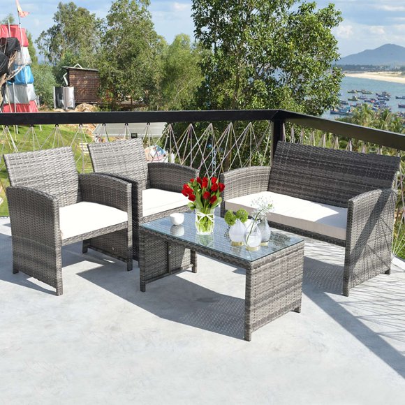 Costway Ensemble de Mobilier de Terrasse en Rotin 4 Pcs, Conversation, Dessus de Table en Verre, Sofa Coussiné