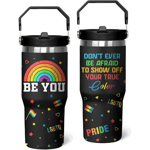 Rainbow Pride Flag Tumbler, Retro Be You Travel Mug, Gay Pride Cups Lesbian Gifts for Women Men, 30 Oz Stainless Steel Tumbler With Handle & Straw, LGBTQ Awareness Month Gifts