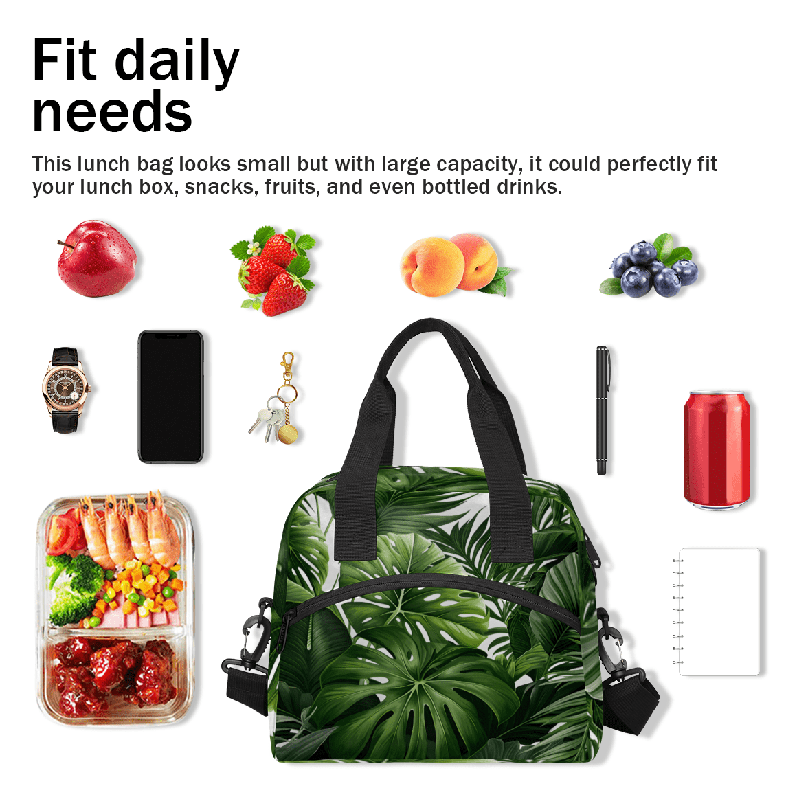 Herdesigns Tropical Green Plant Leaf Insulated Lunch Bag for Women Men Adults Large Reusable Lunch Box Botanical Jungle Design Leakproof Cooler Tote Bags with Adjustable Shoulder Strap