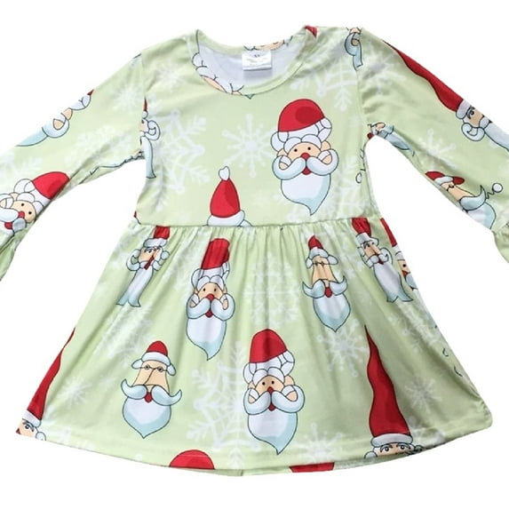 Little Girl Dress Kids Long Sleeve Snowflake Santa Claus Flower Girl Dress Green 2T XS (318432)