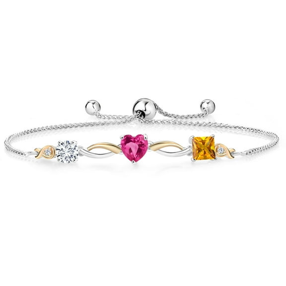 Gem Stone King Keren Hanan 1.90 Ct E-F Lab Grown Diamond Pink Created Sapphire 925 Silver and 10K Yellow Gold Bracelet for Women