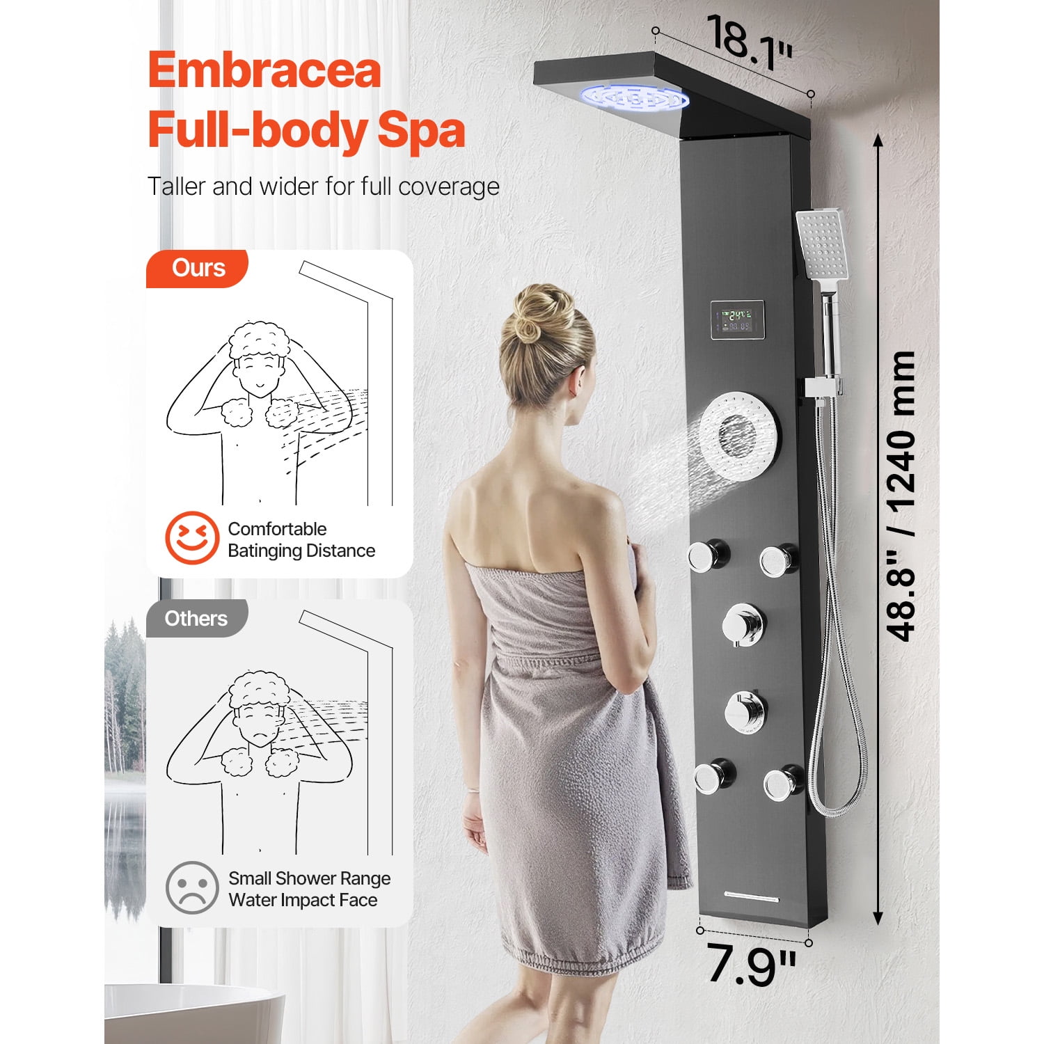 KFFKFF Shower Panel Tower System, 53 in Brushed Stainless Steel, Incorporates Rainfall Shower Head, LED, 6-Function Faucet, Wall-Installed Rain Massage System with 5 Body Jets, Handheld, Tub Spout