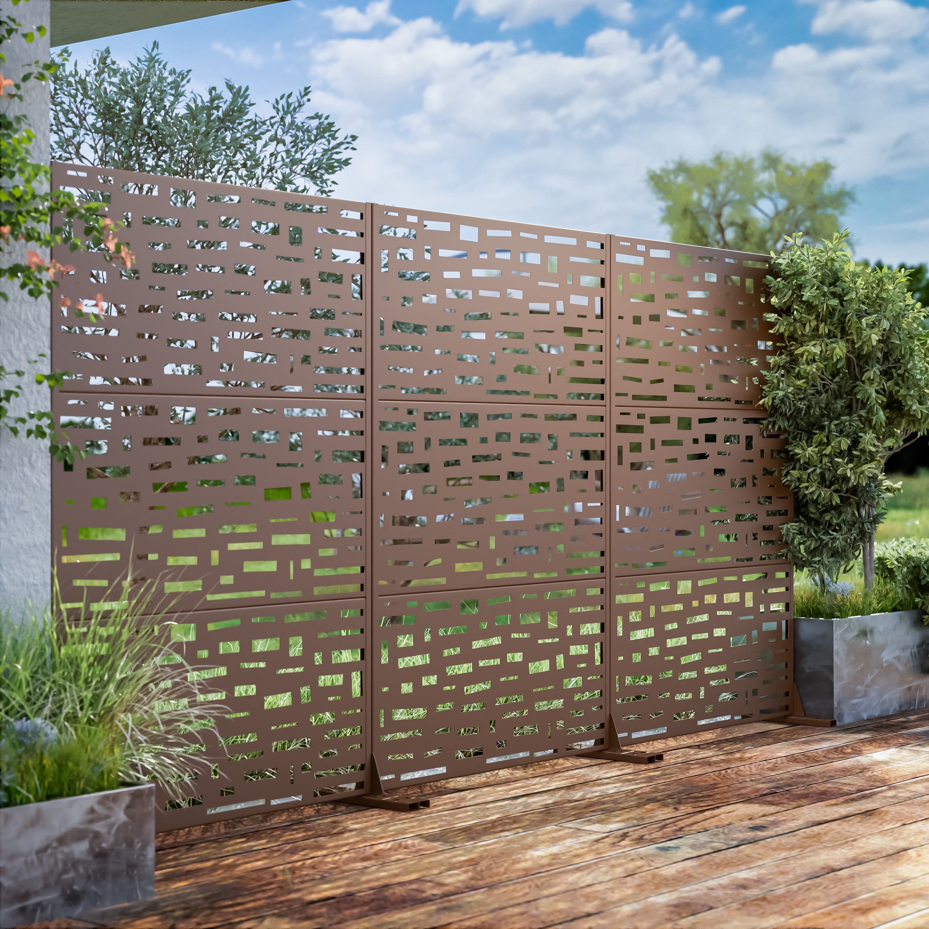 MAYEERTY 72×47" Outdoor Brown Metal Privacy Panel Screen for Backyard & Garden, Wide Street Pattern