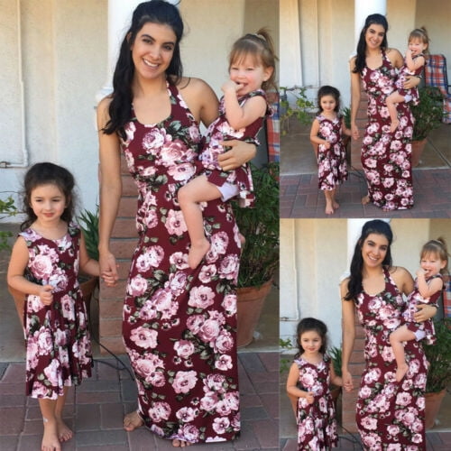 Mother Daughter Summer Dresses Bohemia Floral Printed Short Sleeve Wedding Family Matching Maxi Dress