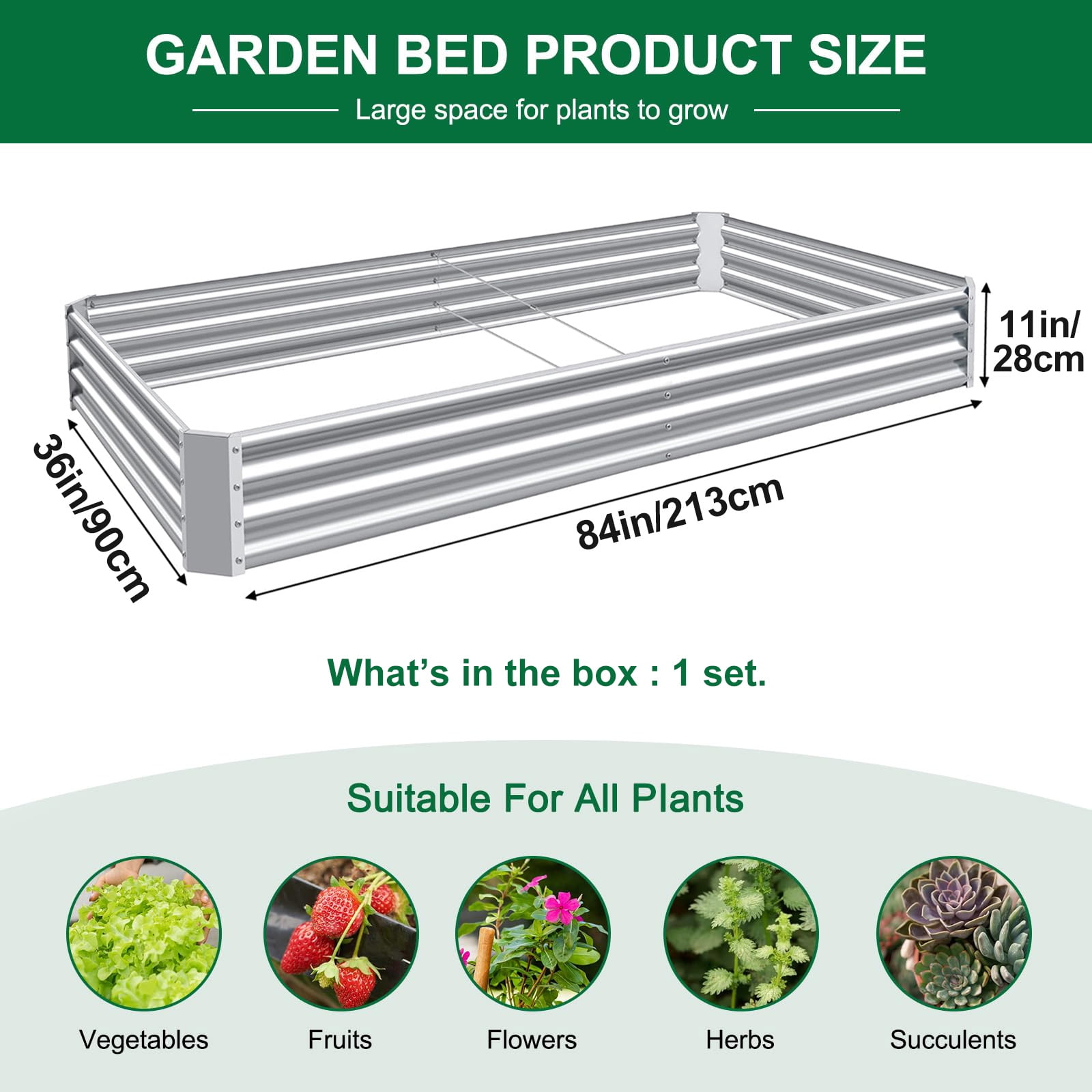 Asotewt 7ft Square Raised Garden Bed, Galvanized Metal Planter Box, 84" D x 36" W x 11" H, 2-Pack Silver, Rot-Resistant for Outdoor Yard, Patio & Garden