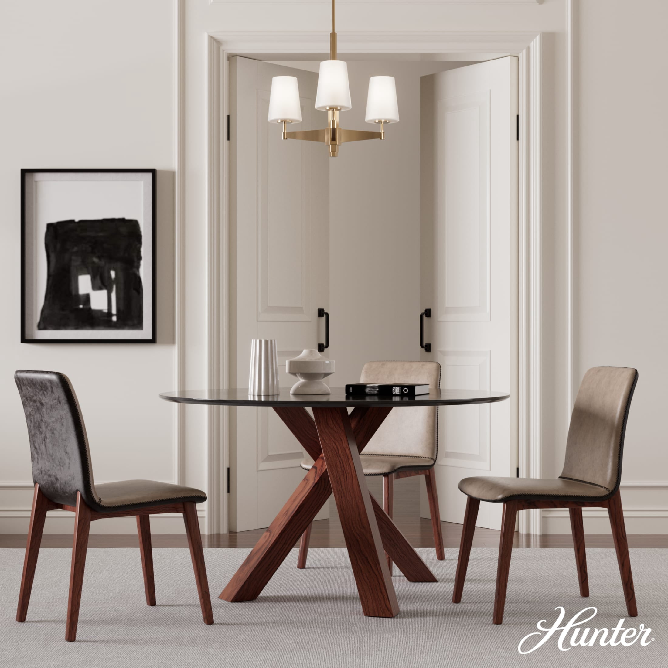 Hunter - Nolita 3-light Alturas Gold, Medium Size Chandelier, Dimmable, Modern Style, Candle Shaped, for Bedrooms, Dining, Living Rooms - 19878