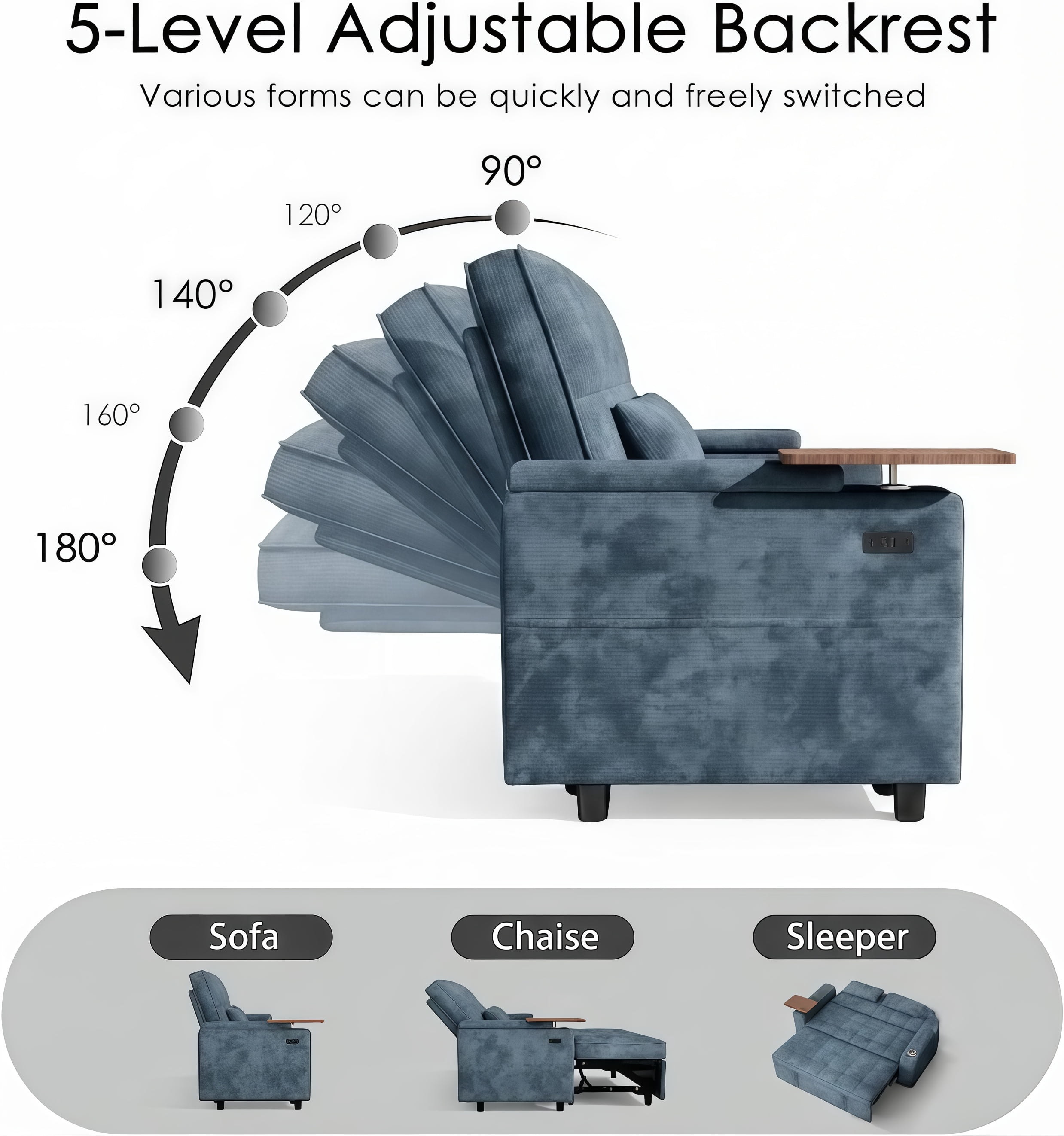 avobird 65" 3-in-1 Convertible Sofa Bed, Pull Out Loveseat with Chenille Fabric/Hidden storage space/Cup holder, Sleeper Sofa Bed for Living Room, Blue