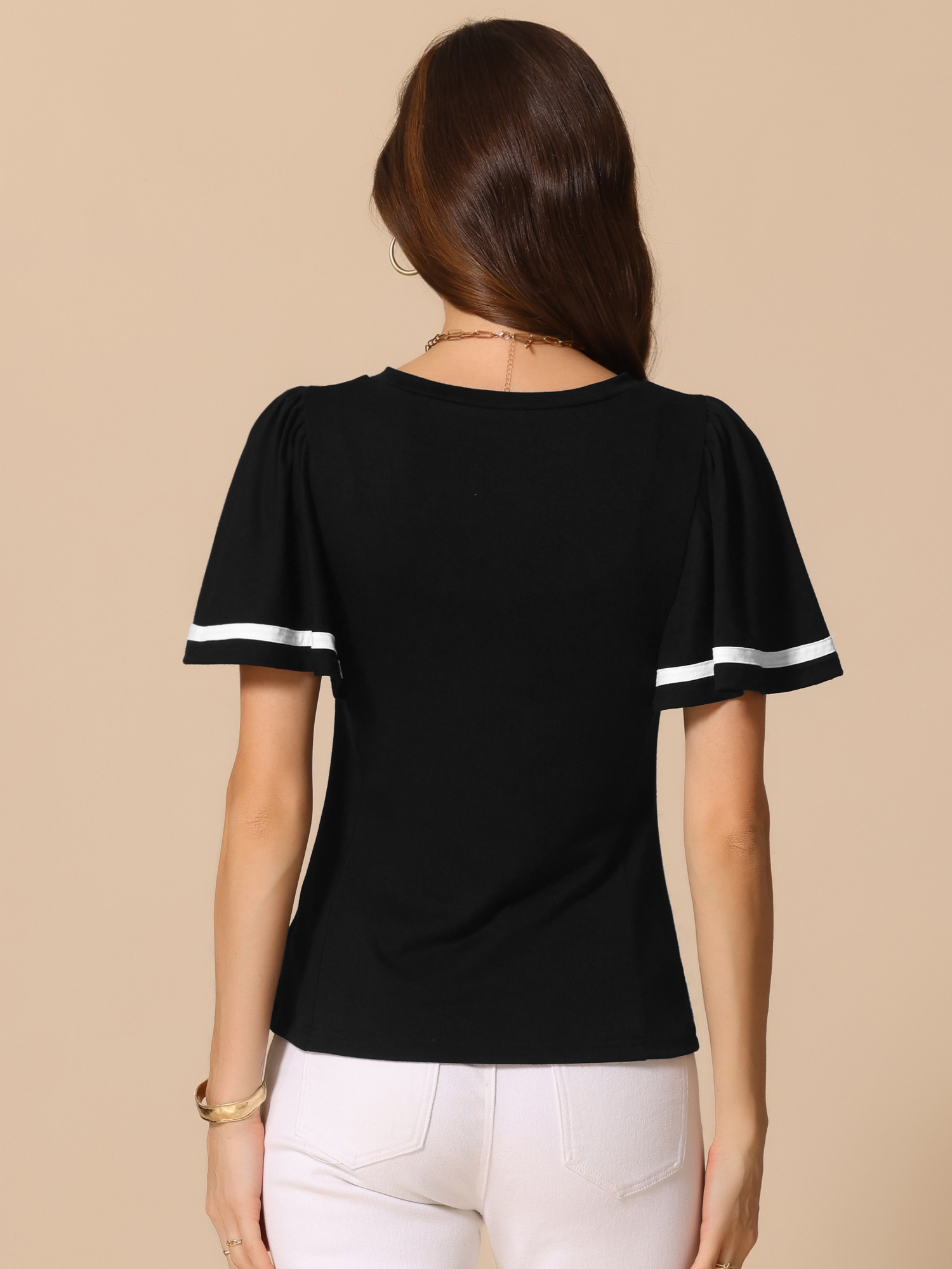 DARING DIVA Women's Ruffles Short Sleeve Round Neck Casual Blouse L Black
