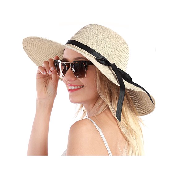 Women Paper Straw Hat, Wide Brim Bow Decor Breathable Sun Protection Anti-UV Beach Hat Seaside Cap
