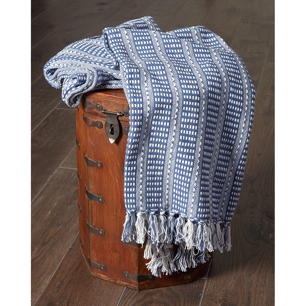 Woven Paths Casual Striped Fringe Blue Cotton Throw Blanket, 50" x 60