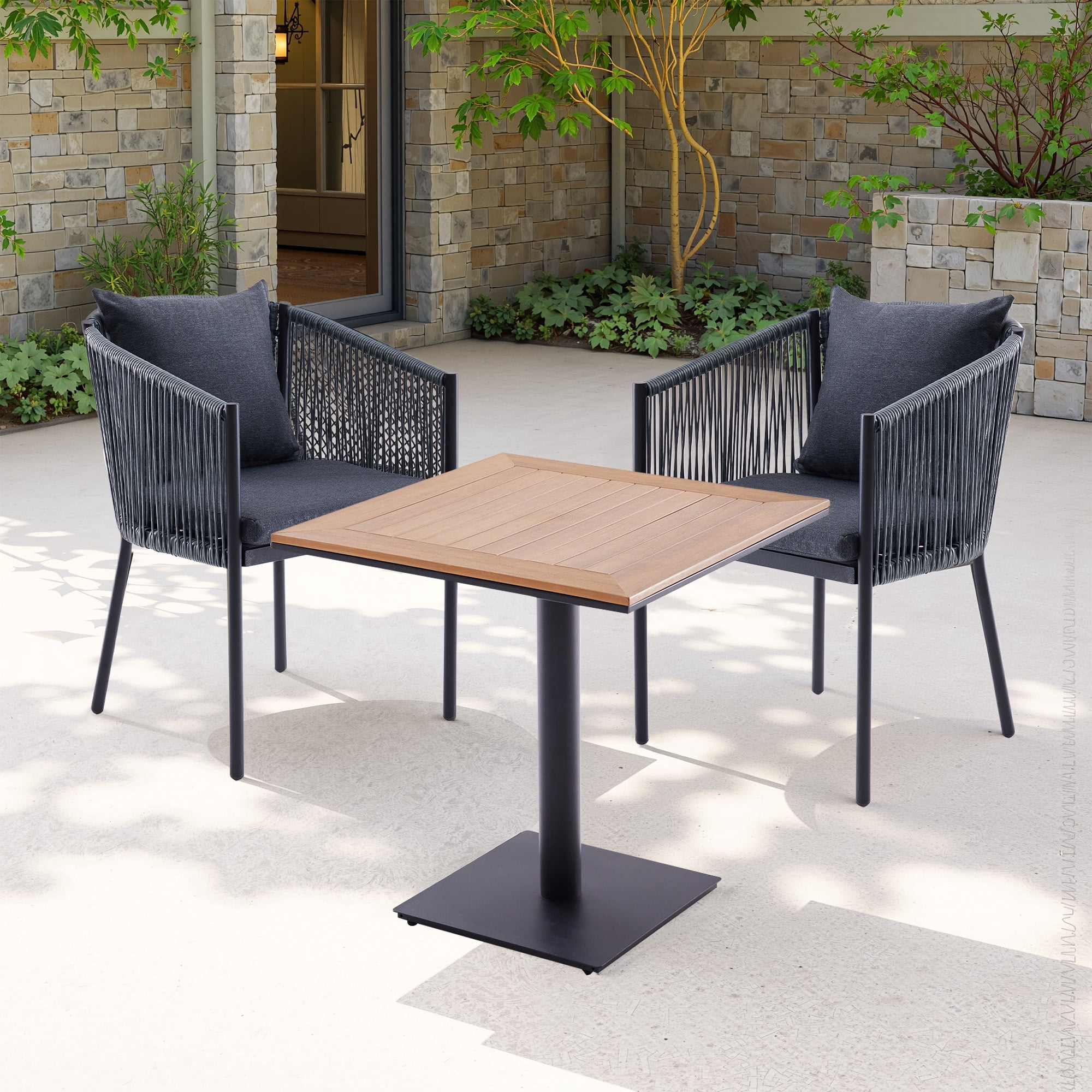 MAYEERTY Gray 5-Piece Outdoor Rattan Dining Set:4 Chairs with Cushions & Square Wood-Look Table, Weatherproof