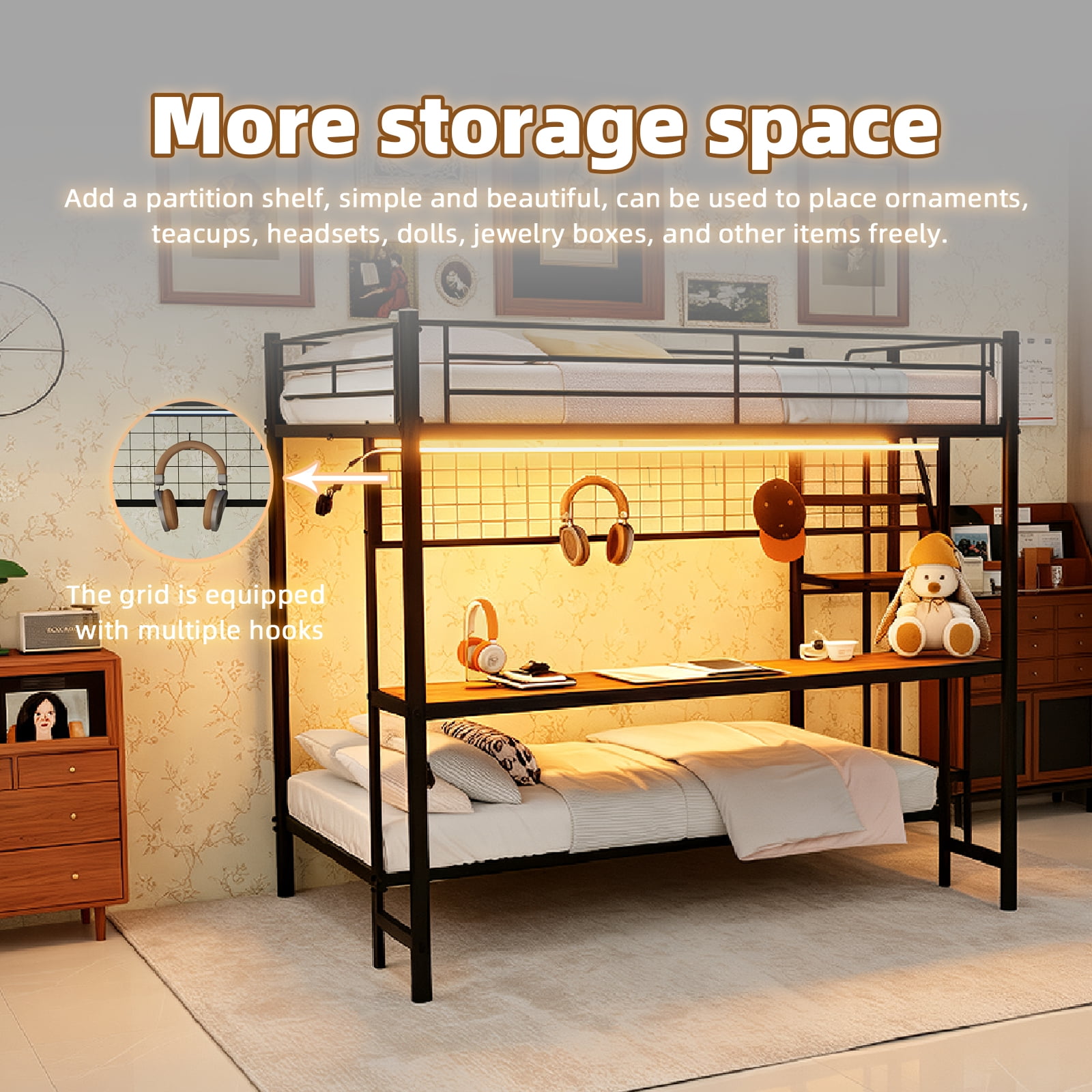 Leumius Twin over Full Size Metal Bunk Bed with Built-In Desk & LED Lighting,Heavy Duty Metal Bunk Beds Frame with Ladder for Bedrooms,Dorms,Black