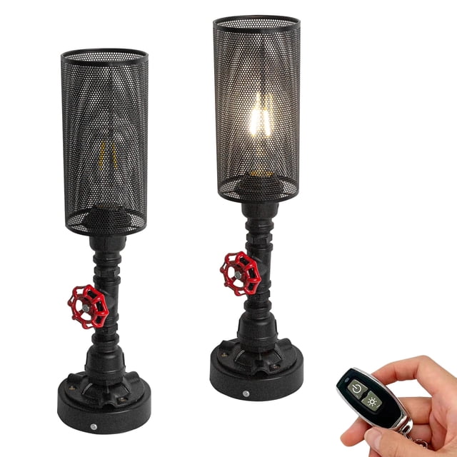 FSLiving Rechargeable Battery Operated LED Steampunk Table Lamp with Remote RV Dimmable Industrial Water Pipe Light Retro Black Portable Iron Mesh Cage Book Light Nightstand Bar Restaurant - Set of 2