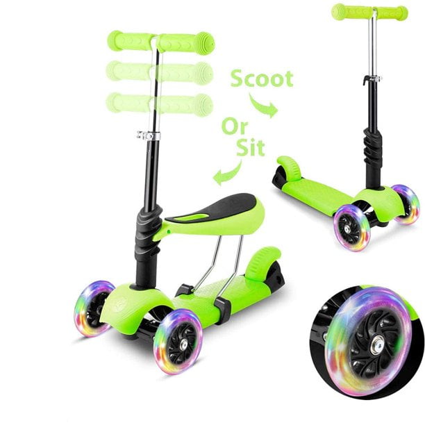 5 in 1 Kids Scooter 3 Wheel LED Lighting Adjustable Push Kick Scooter With Seat 