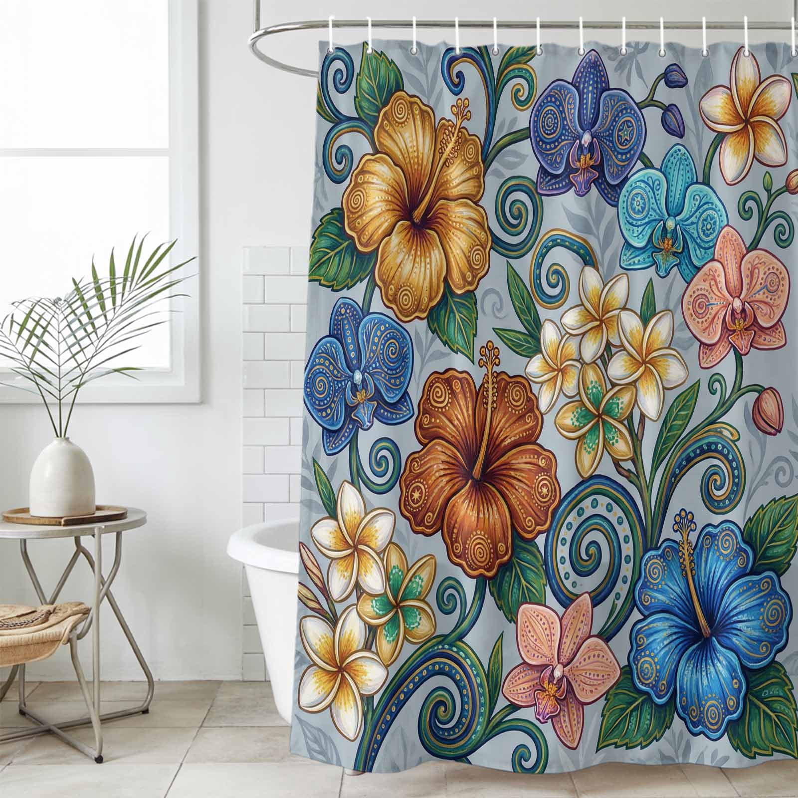 Shower Curtain Bathroom Set Abstract Retro Boho Flower Waterproof Fabric Shower Curtains with Grommets&Hooks, Blue Gold Flower Green Leaf Privacy Bath Curtain for Bathtub 72x72in