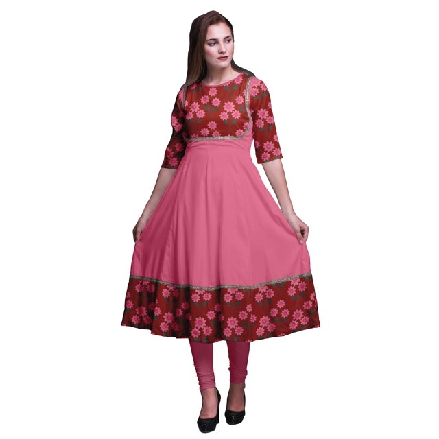 Bimba Rouge à Lèvres Feuilles Florales Rouges et Imprimé de Fleurs Roses Long Anarkali pour Femmes Kurti Indien Tunique Ethnique Décontractée XX-Grand