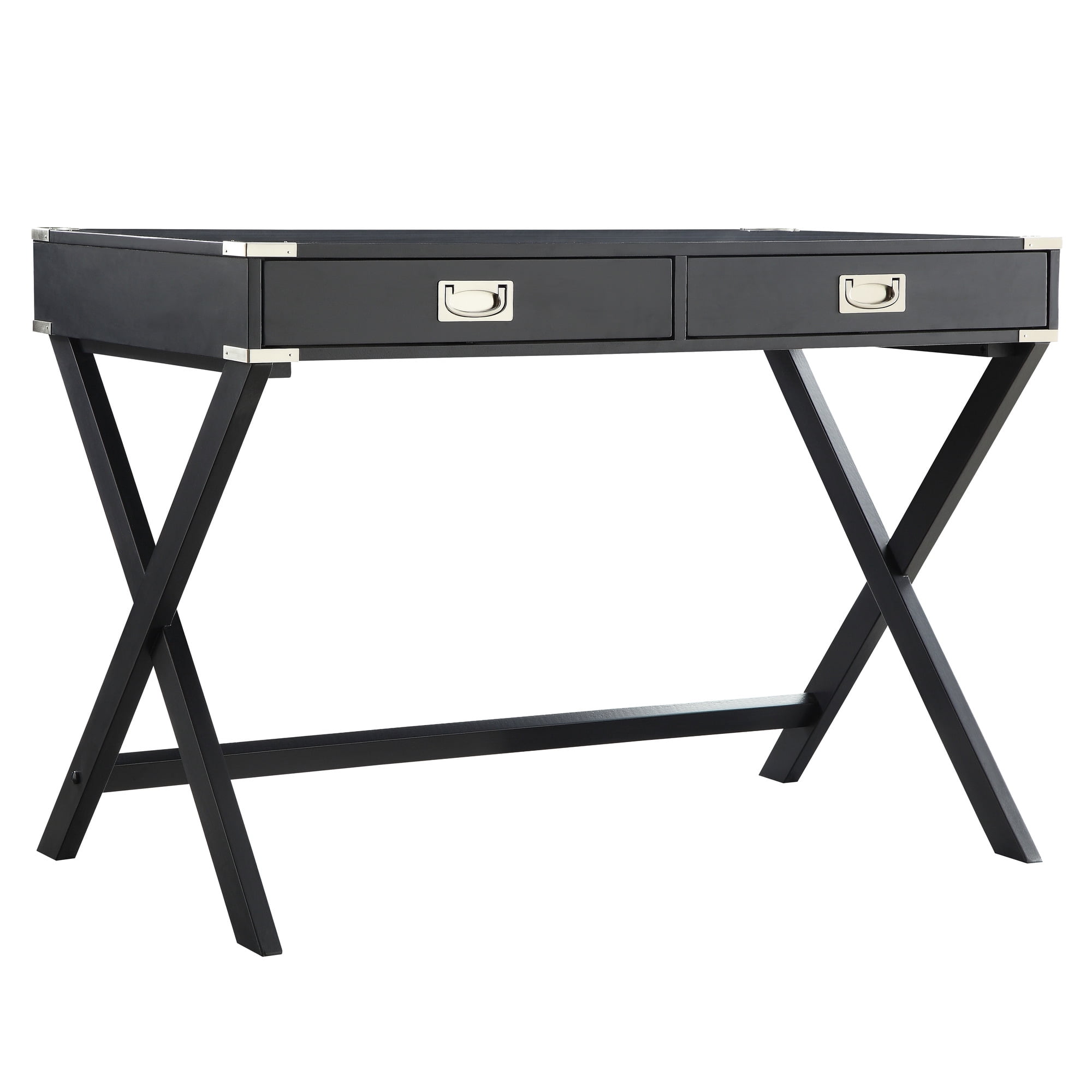 Weston Home Wood X-Base Campaign Writing Desk with Drawers, Vulcan Black