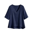 thumbnail image 7 of CYMMPU Women's Summer Linen Blend 2-Piece Outfit, V-Neck 3/4 Sleeve Top with Drawstring Pants, Casual Loungewear Set Navy XL, 7 of 7
