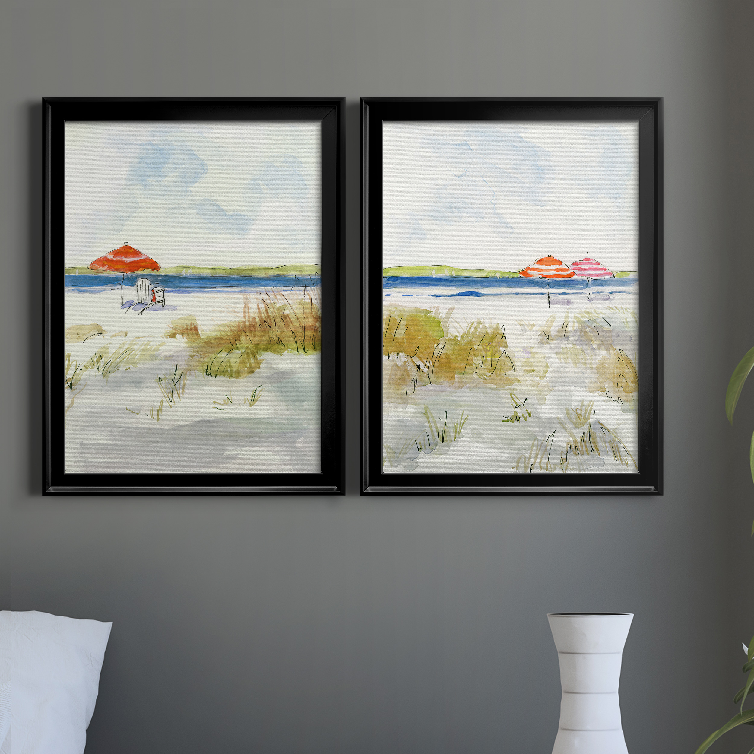 2 Piece Set Sketchy Beach I Premium Framed Canvas - Ready to Hang - 18.5 x 24.5 Each - Gold Frame