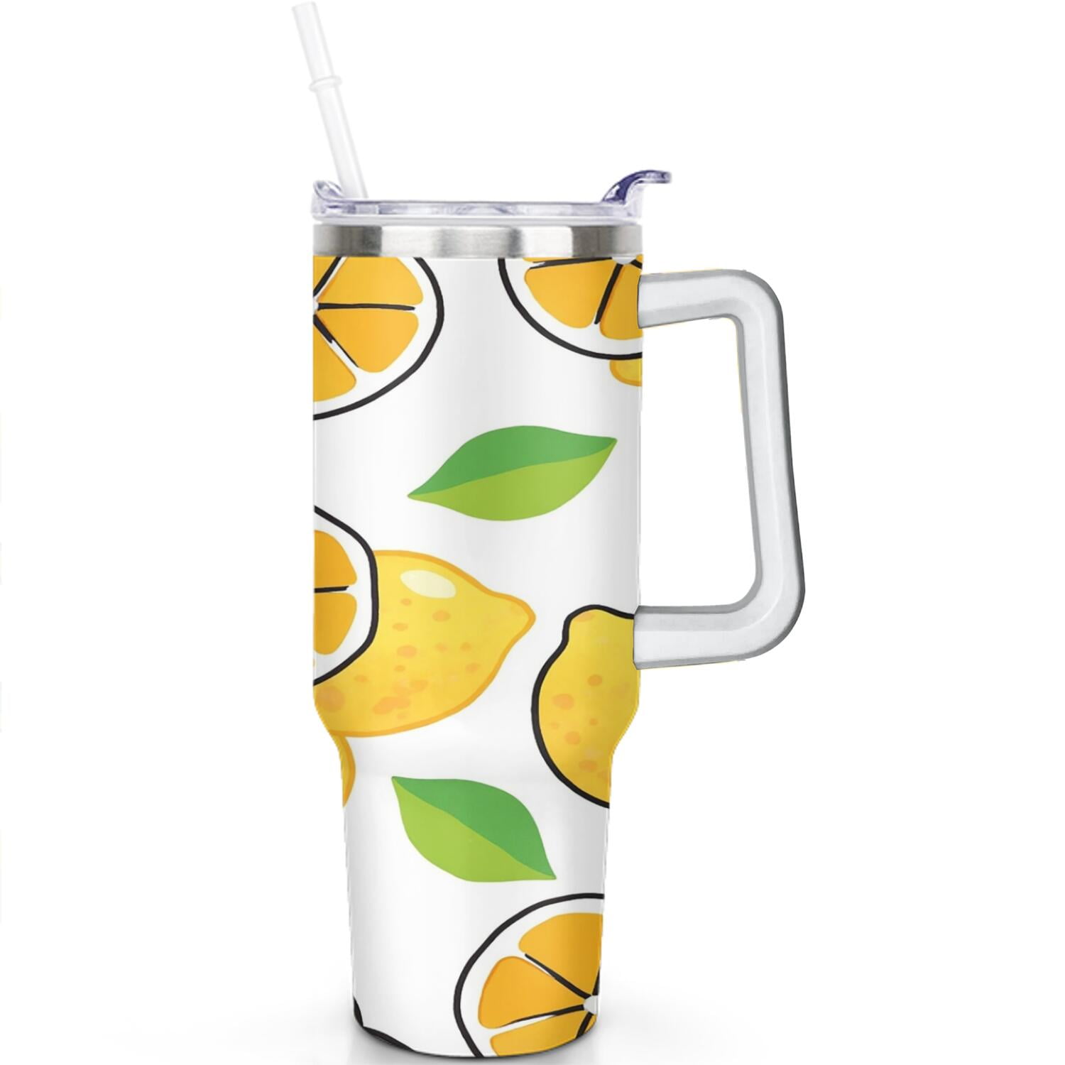 Mug with Handle and Straws 40 oz Stainless Steel Lemon Slices Travel Mug Birthday Present for Men Dad Son Husband Gifts for Him/Her Coffee Mugs