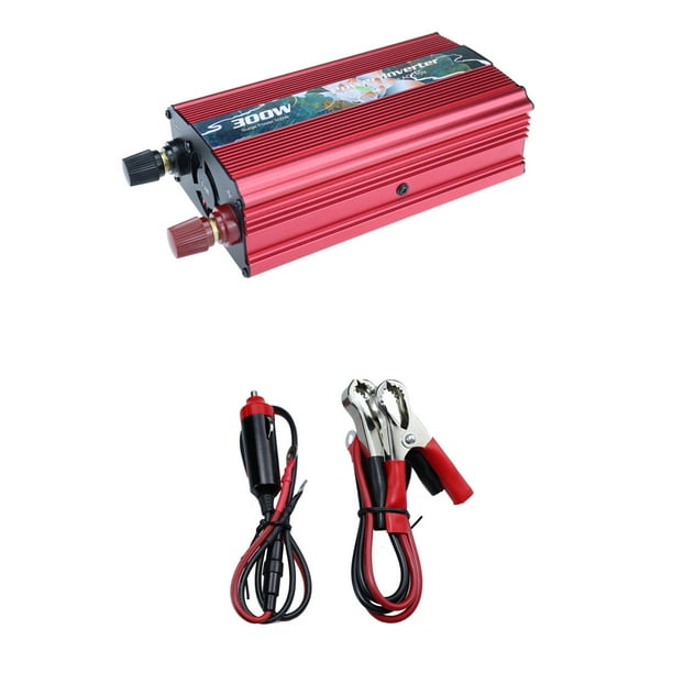 Inversor de onda sinusoidal pura de 300 W, convertidor de corriente para coche de 12 V a 110 V, puertos USB de 2 A, 2 pinzas de batería, rojo, portátil, plegable, para autocaravanas, carga