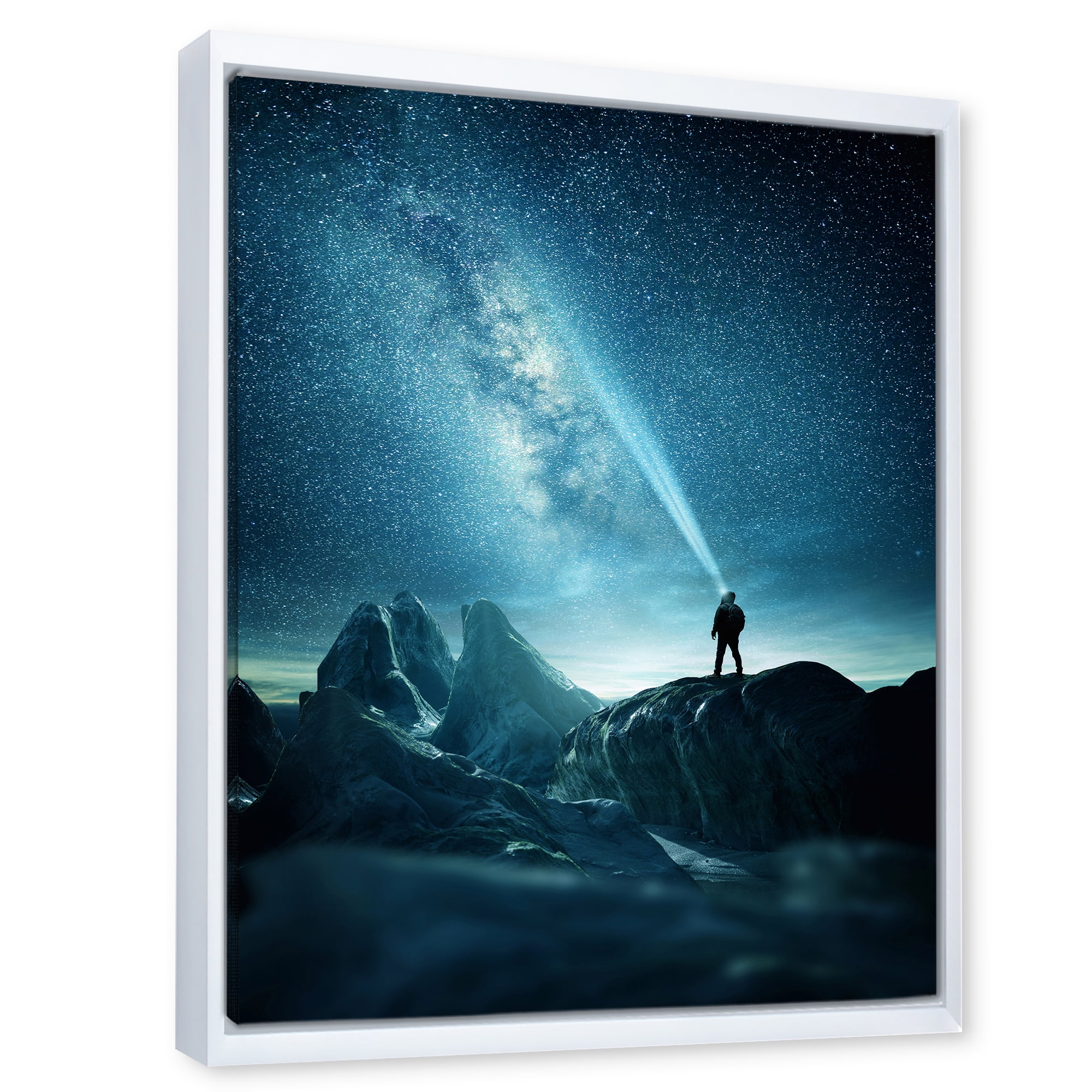 Designart 'A Light Shining by A Man Shining Into The Night Sky' Modern Framed Canvas Wall Art Print