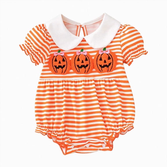 mgoYE Newborn Baby Girl Hallween Clothes Pumpkin Striped Puff Short Sleeve Jumpsuit Smocked Bubble Outfit(Orange,12-18 Month s)