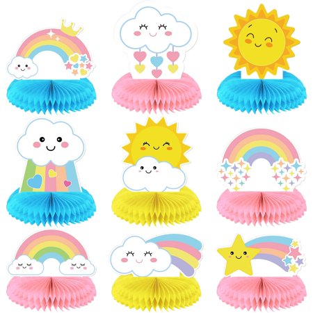 Rainbow Cloud Honeycomb Table Decor Kit - 9 Piece 3D Sun & Rainbow Centerpieces for Baby Shower & Birthday Party Favors & Supplies