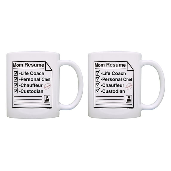 ThisWear Funny Mom Appreciation Gift for Mom Resume Life Coach Chef Chauffeur Custodian 2 Pack 11oz Coffee Mug Set Mom