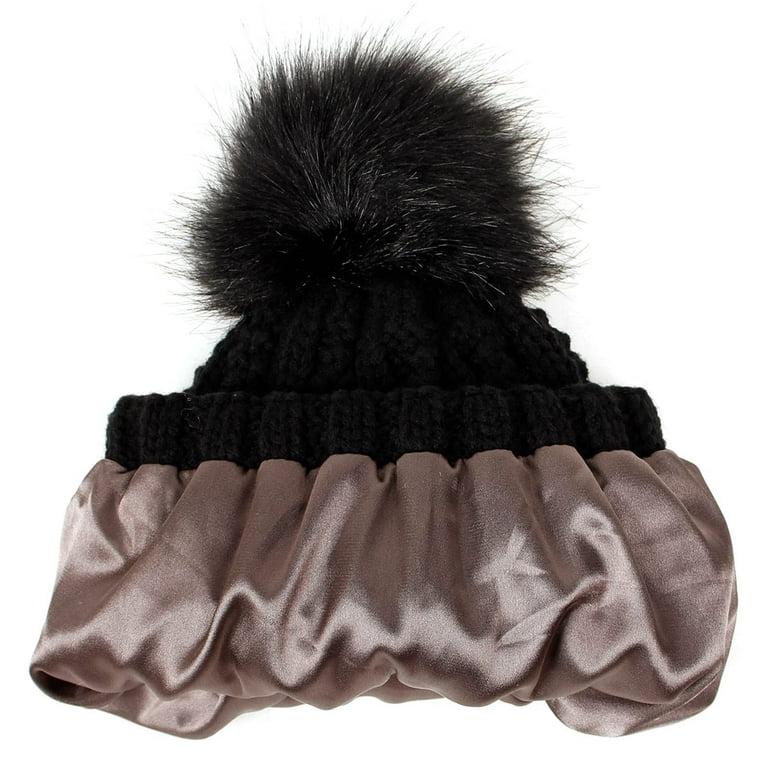 EHTMSAK Fitted Beanie Hat Pompom Chunky Knit Hat Faux Fur