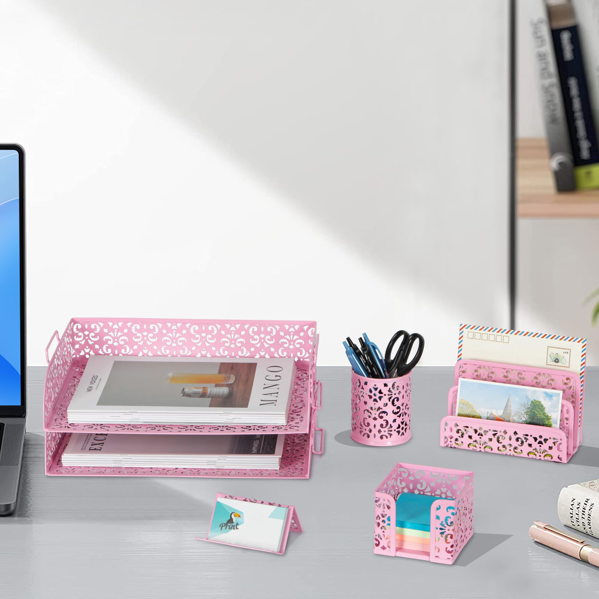 Desk Organizers And Accessories 5 Pieces Office Supplies Set - 2 Tier Paper Tray  Pencil Organizer For Mail Sorter Countertop Business Card Holder Sticky Note Pink