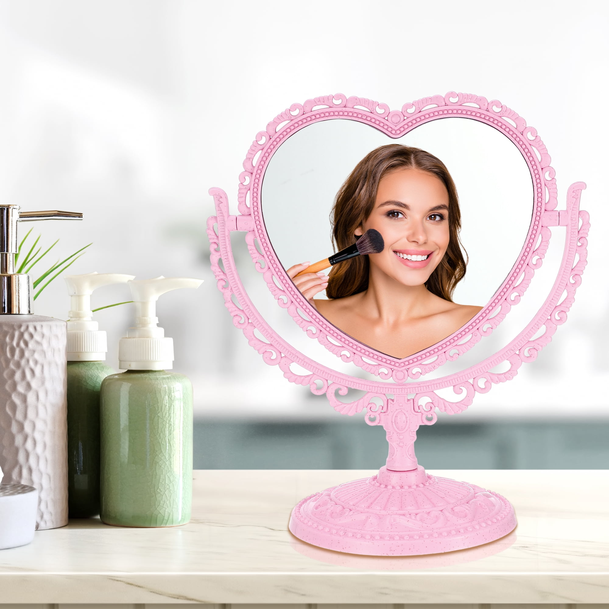 Unique Bargains Love Heart Shaped Double Sided 360° Rotating Makeup Mirror 1 Pc Pink