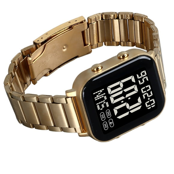 Reloj Digital De Acero Inoxidable, Reloj Digital De Esfera Grande 2259 Concha Dorada Negra Para Deportes