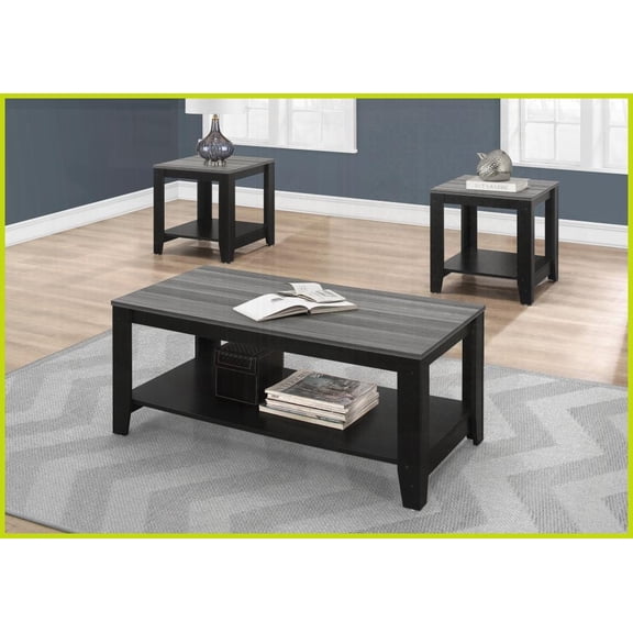 3-Piece Transitional Coffee Table Set for Living Room, Black & Grey Laminate with Ample Surface & Extra Storage