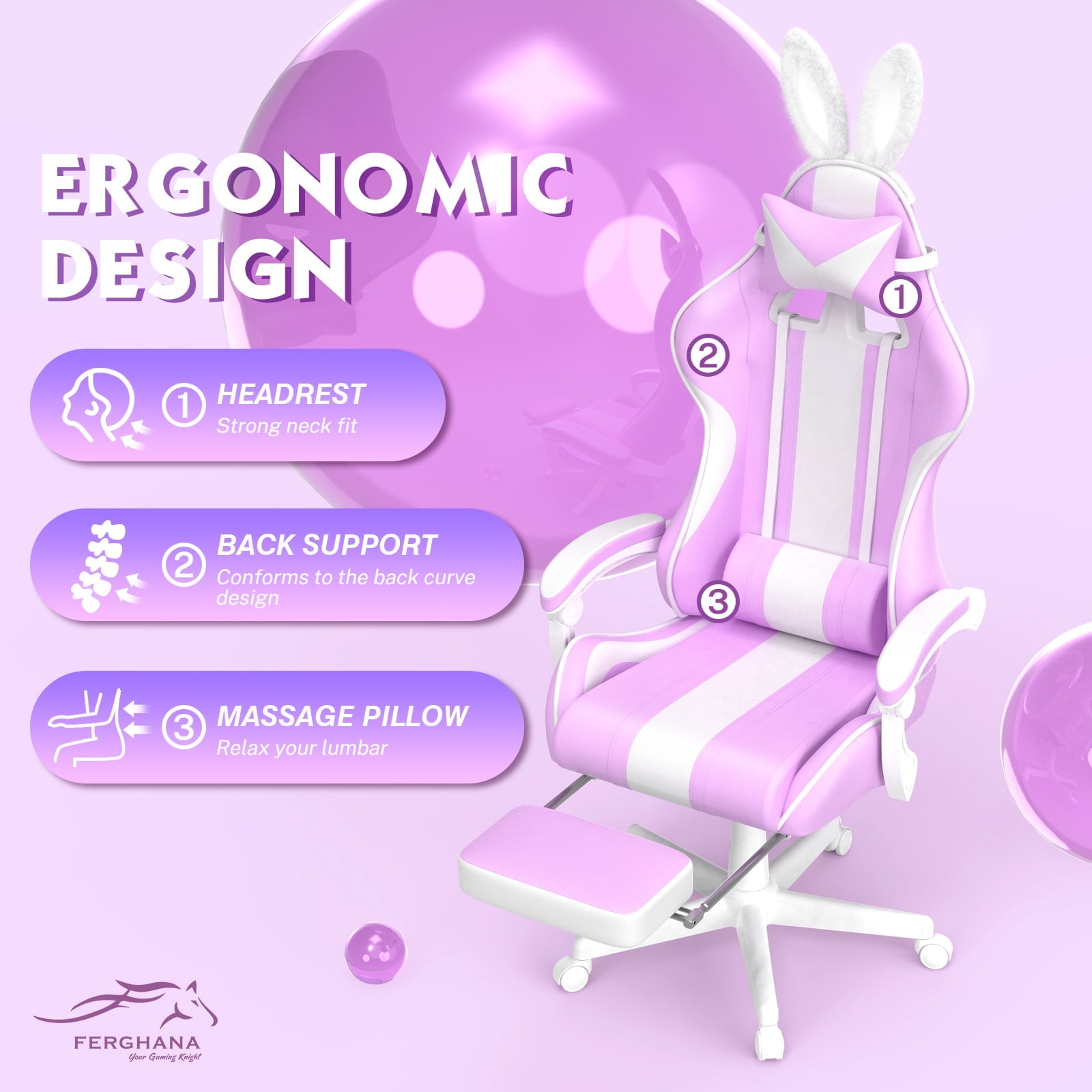 SOONTRANS Purple Gaming Chair, High Back Gamer Chair with Footrest for Adult Girl, Reclining Adjustable Game Office Chairs Massage Pillows