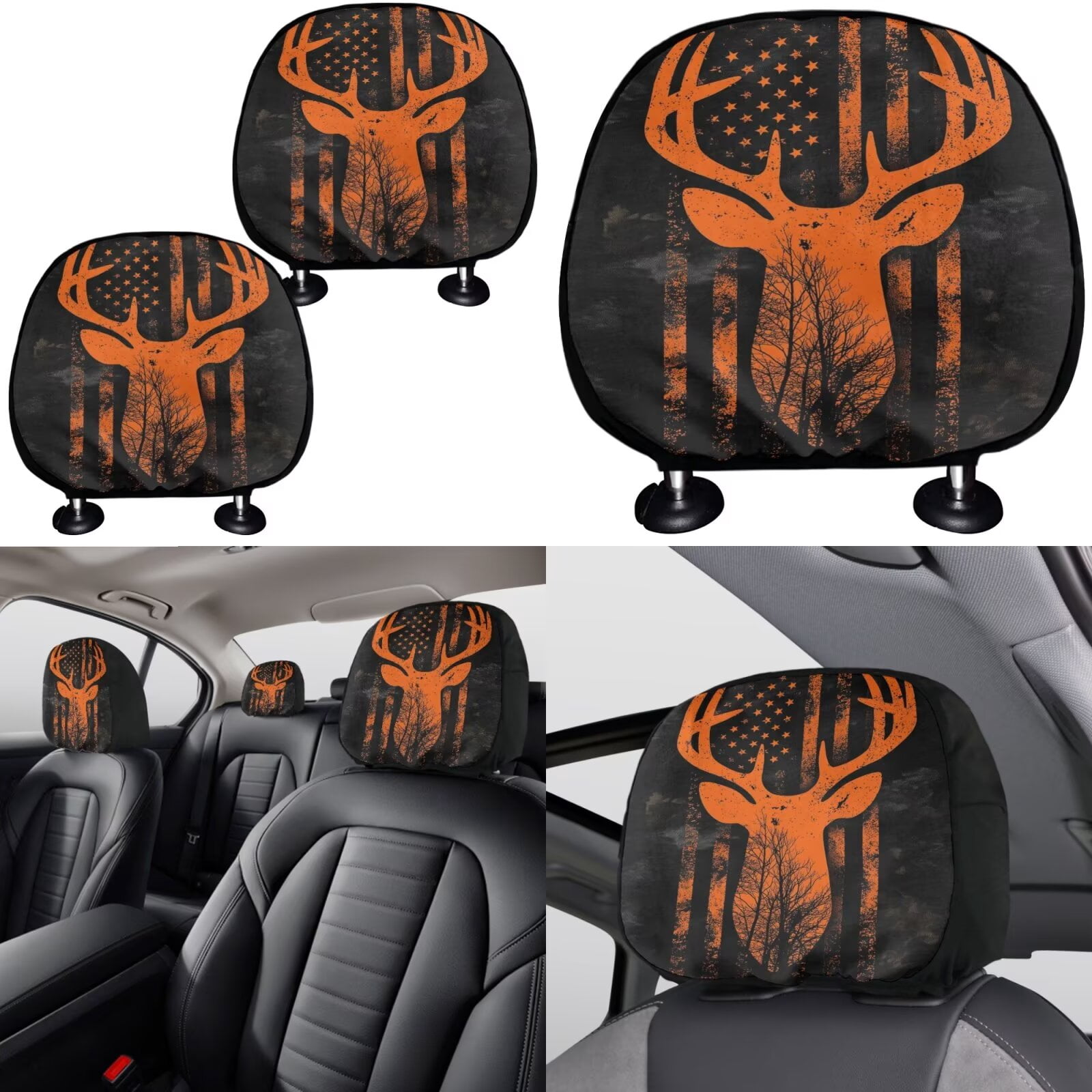 Garronmavis American Flag Camo Deer Car Seat Cover Full Set of 11pcs with Car Seat Headrest Cover+ Steering Wheel Cover+Auto Cup Pad+Handbrake and Gear Shift Knob Cover for Men Women